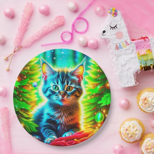 Niedliche graue Kätzchen mit Weihnachtsbäumen Pappteller (Party)