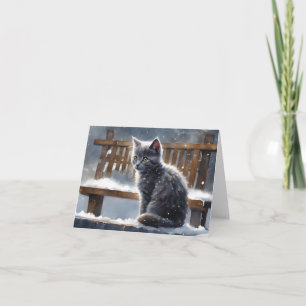 Niedliche graue Katze auf Bank Winter Schnee Blank Karte