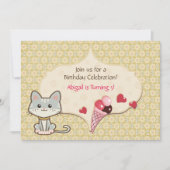 Niedliche graue Katze, Eiscreme und Blume Geburtst Einladung (Vorderseite)