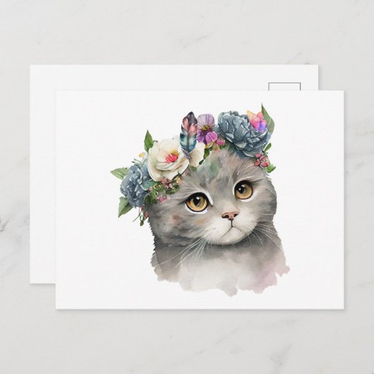 Niedliche graue Katze mit Blume Katzenjammer Postkarte (Vorne/Hinten)