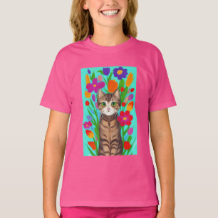 Niedliche graue Katze mit farbenfrohen Blumen T-Shirt