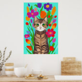 Niedliche graue Katze mit farbigen Blume Poster (Küche)