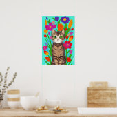 Niedliche graue Katze mit farbigen Blume Poster (Küche)