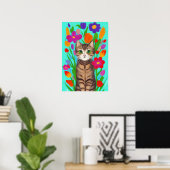 Niedliche graue Katze mit farbigen Blume Poster (Heimbüro)