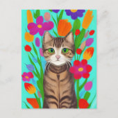 Niedliche graue Katze mit farbigen Blume Postkarte (Vorderseite)