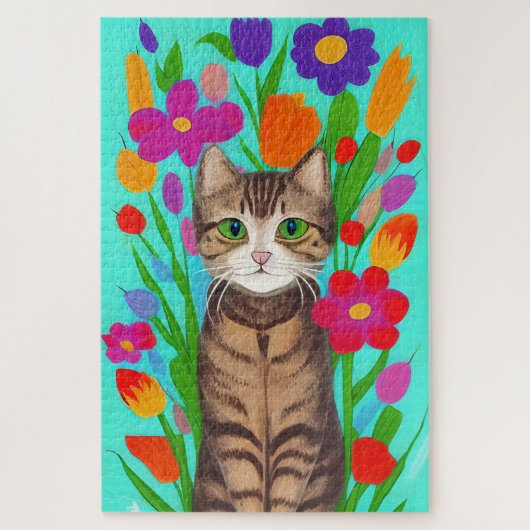 Niedliche graue Katze mit farbigen Blume Puzzle (Vertikal)