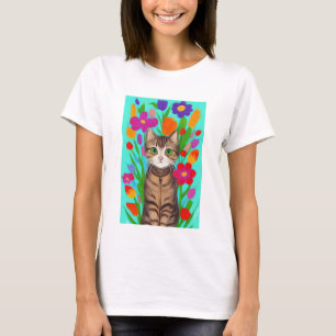 Niedliche graue Katze mit farbigen Blume T-Shirt