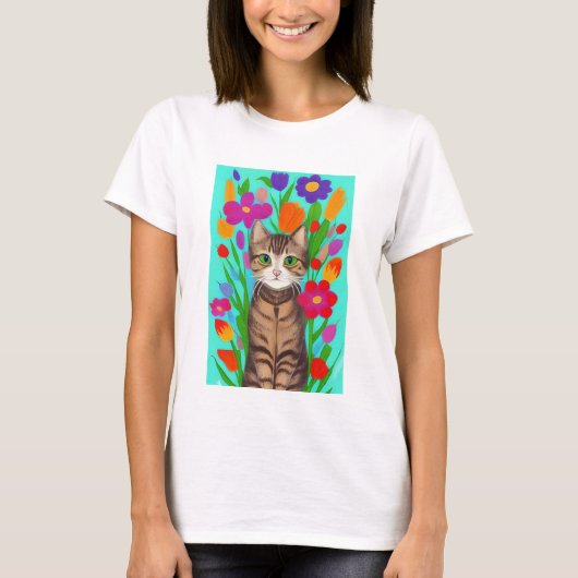 Niedliche graue Katze mit farbigen Blume T-Shirt (Vorderseite)