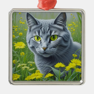 Niedliche graue Katze mit gelben Augen Ai Art Ornament Aus Metall