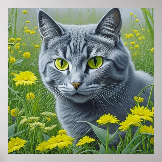 Niedliche graue Katze mit gelben Augen Ai Art Poster (Vorne)