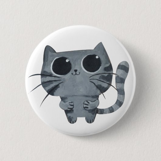 Niedliche graue Katze mit großen schwarzen Augen Button (Vorderseite)