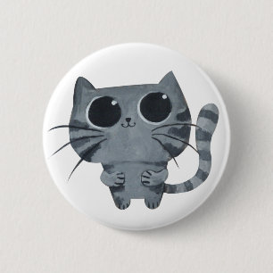 Niedliche graue Katze mit großen schwarzen Augen Button