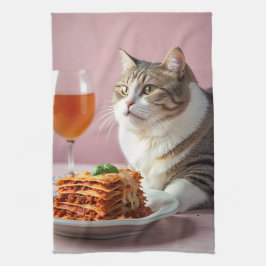 Niedliche graue Katze mit Lasagna und Weinglas Geschirrtuch