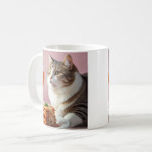 Niedliche graue Katze mit Lasagna und Weinglas Kaffeetasse (Vorderseite Links)