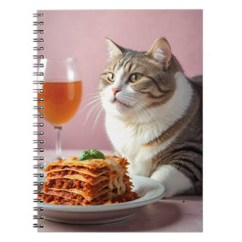 Niedliche graue Katze mit Lasagna und Weinglas Notizblock
