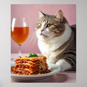 Niedliche graue Katze mit Lasagna und Weinglas Poster