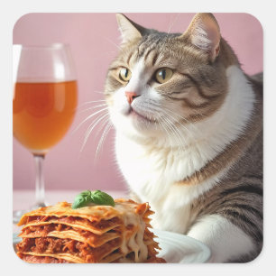 Niedliche graue Katze mit Lasagna und Weinglas Quadratischer Aufkleber