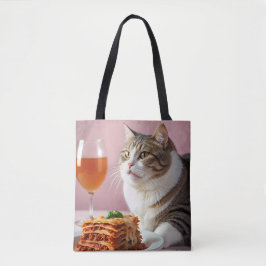 Niedliche graue Katze mit Lasagna und Weinglas Tasche