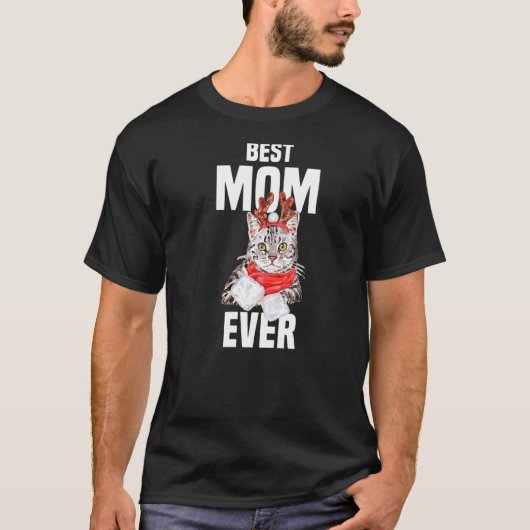 Niedliche graue Katze mit Rentierkostüm Beste Mama T-Shirt (Vorderseite)
