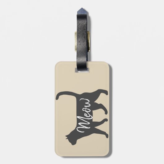 Niedliche Graue Katze Silhouette & Meow-Script Gepäckanhänger (Rückseite vertikal)