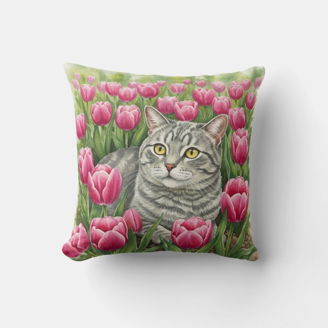Niedliche graue Katze Tulips Frühlingspilz Kissen (Vorderseite)