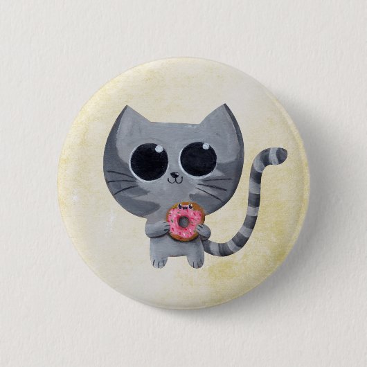 Niedliche graue Katze und Krapfen Button (Vorderseite)