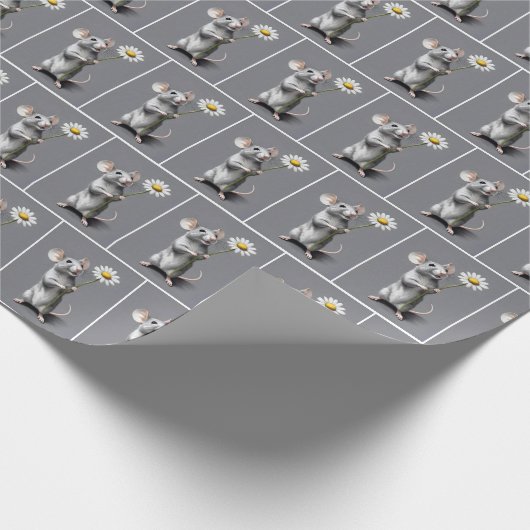 Niedliche graue Maus mit weißer Daisy Geschenkpapier (Ecke)