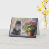 Niedliche graue persische Katze mit rosa blühende Karte (Gelbe Blume)