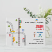 Niedliche graue Stadtbusboys Einladung zum Geburts (Stehend Vorderseite)