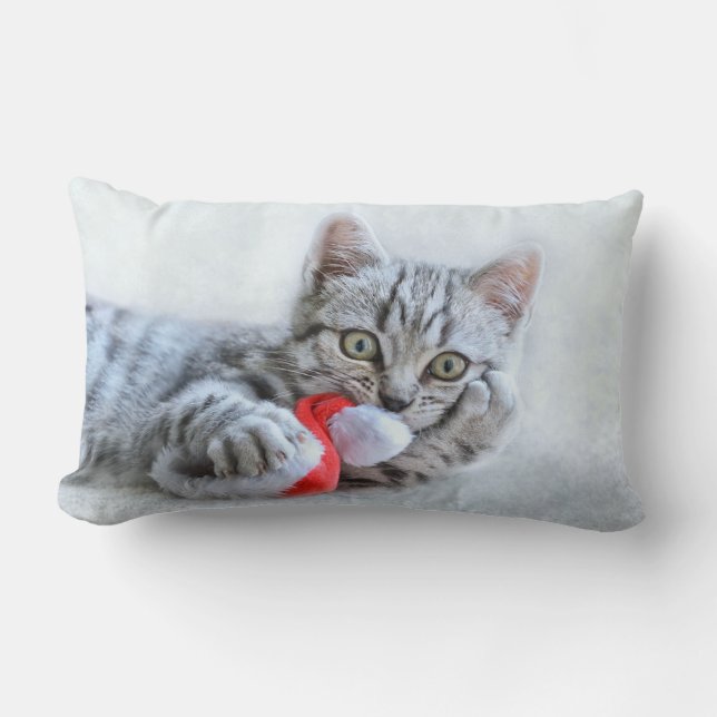 Niedliche graue Tabby Cat mit Weihnachtsmütze Weih Lendenkissen (Vorderseite)
