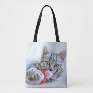 Niedliche graue Tabby Cat mit Weihnachtsmütze Weih Tasche