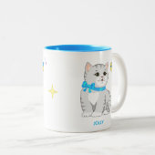Niedliche graue Tabby Kitty Cat & Little Bird Zweifarbige Tasse (VorderseiteRechts)