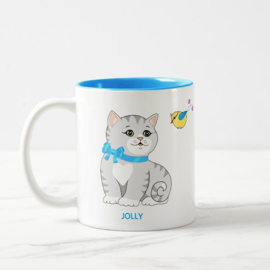 Niedliche graue Tabby Kitty Cat & Little Bird Zweifarbige Tasse (Links)