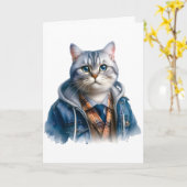 Niedliche graue Tablettenkatze mit blauen Augen Karte (Gelbe Blume)