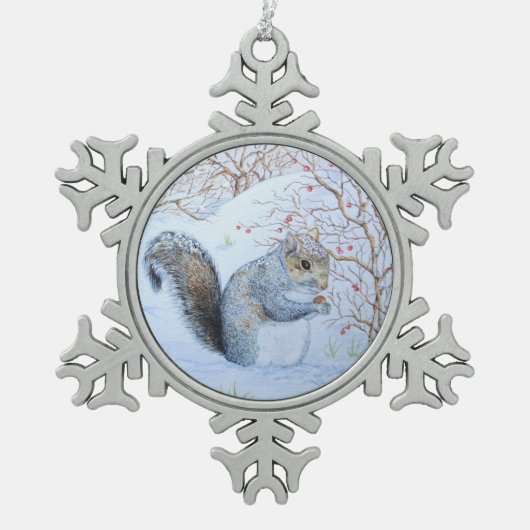 niedliche Grauschnee-Szene Wildlife Art Schneeflocken Zinn-Ornament (Vorderseite)