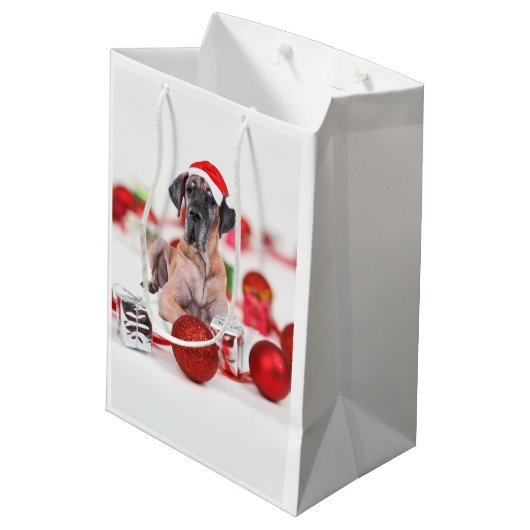 Niedliche Great Dane Hund Weihnachten Weihnachtsma Mittlere Geschenktüte (Rückseite Schrägansicht)