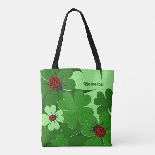 Niedliche Green Clover Blätter Ladybug Name Tote T Tasche (Rückseite)