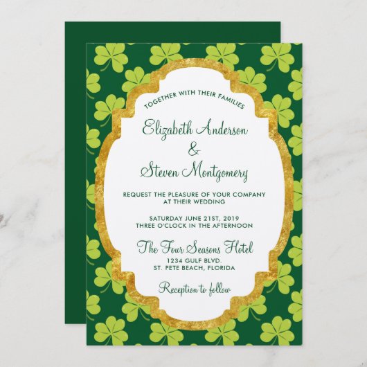Niedliche Green Clover Kleeblatt Muster Hochzeit Einladung (Vorne/Hinten)