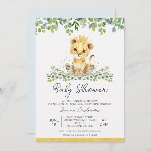 Niedliche Green Foliage Boys Lion Babydusche Einladung (Vorne/Hinten)