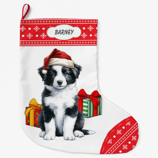 Niedliche Grenz-Collie Welpe-Weihnachtsmannmütze S Großer Weihnachtsstrumpf (Vorderseite)