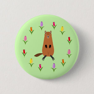 Niedliche Groundhog- und Tulip-Blume Button