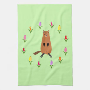Niedliche Groundhog- und Tulip-Blume Geschirrtuch