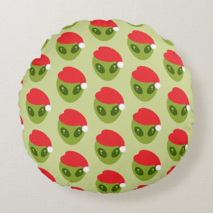 Niedliche grüne Alien in Weihnachtsmannmütze Muste Rundes Kissen