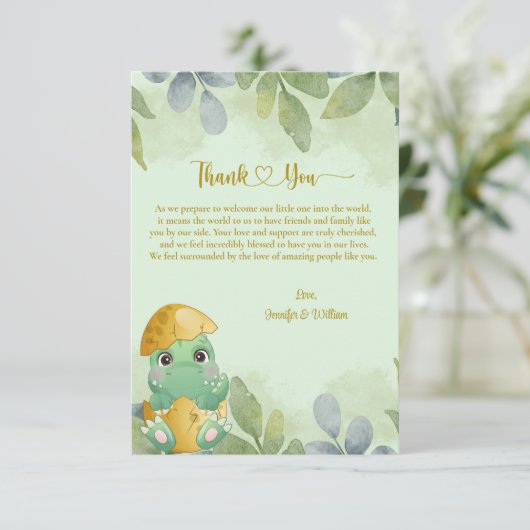 Niedliche grüne Dinosaurier Boys Kinderdusche Dankeskarte (Stehend Vorderseite)