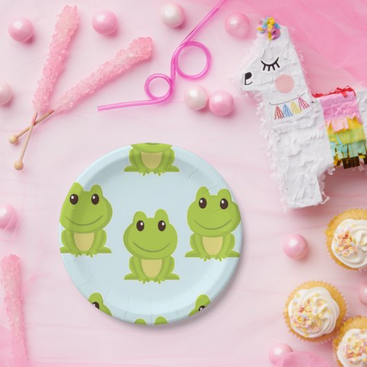 Niedliche grüne Frösche auf blau Pappteller (Party)