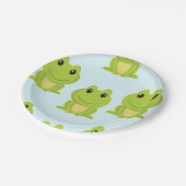 Niedliche grüne Frösche auf blau Pappteller (Schrägansicht)