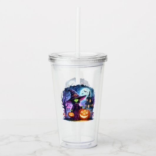 Niedliche grüne Hexe Halloween Acrylic Tumbler Acryltrinkbecher (Vorderseite)