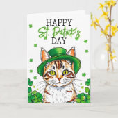 Niedliche Grüne Katze mit Kleeblättern St Patrick' Karte (Gelbe Blume)