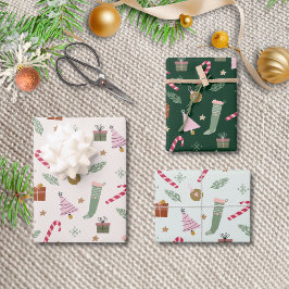 Niedliche Grüne Pastel Watercolor Weihnachtsmuster Geschenkpapier Set