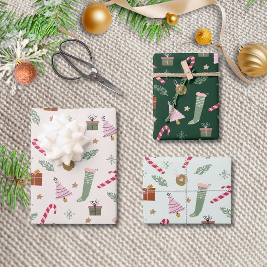 Niedliche Grüne Pastel Watercolor Weihnachtsmuster Geschenkpapier Set